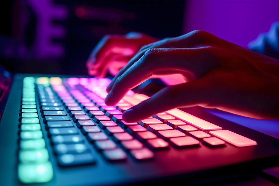 Male Hand Typing on Laptop Keyboard with Neon Light